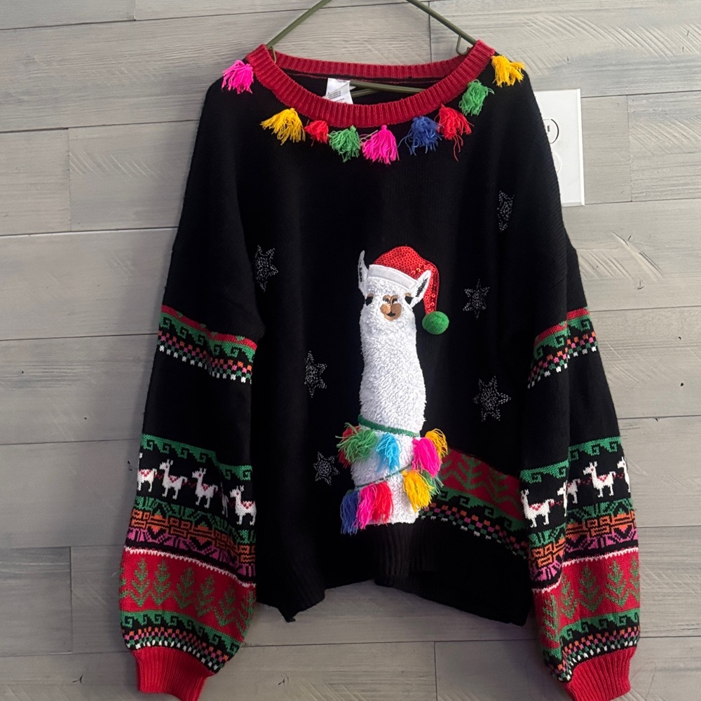 Festive Black Llama Sweater‎ with Colorful Accents